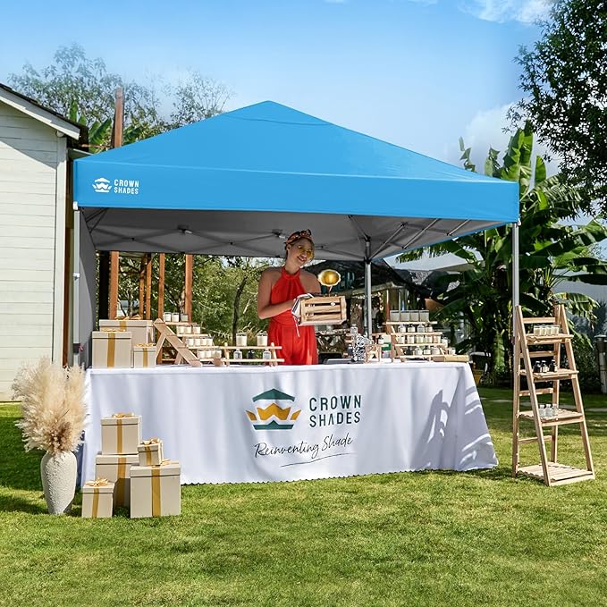 CROWN SHADES 8x8 Pop Up Canopy with 1 Side Wall - Beach Tent with One Push Setup - Outdoor Sun Shade for Events Parties Camping - Gazebo with STO-N-Go Cover Bag (Sky Blue)