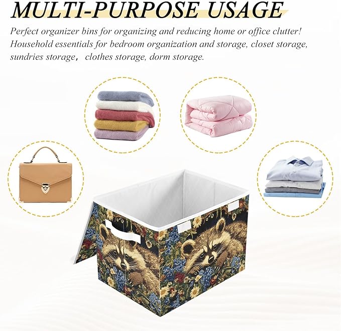 Storage Cube with Lid Raccoon with Floral Print 16.5×12.6×11.8 IN Collapsible Large Capacity Foldable Storage Basket Bin Organizer