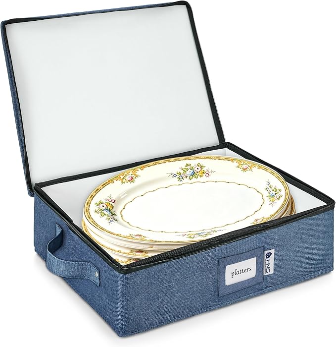 Platter Storage Containers - Hard Shell Protection for Fine China Sturdy Dish Organizer with Dividers for Seasonal Storage Moving &amp More - Protects up to 4 Platters (Blue)