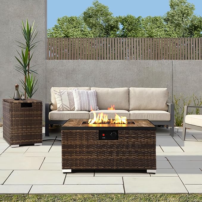2-Piece Rattan Wicker Propane Fire Pit Table w/Tank Holder Handmade 32-inch Gas Fire Pits for Outside Patio Ceramic Tabletop with Steel Lid Lava Rocks 40000 BTU Rectangle (Brown)