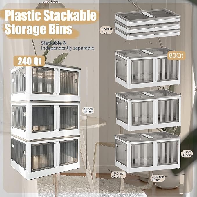 Stackable Storage Bins with Doors - 3 Tier 80Qt Each Plastic Collapsible Storage Bins with Wheels Foldable Storage Cabinet for Closet Organizers(60 Gal/240 Qt)