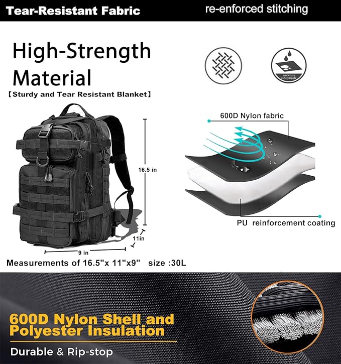 Miramrax Small Tactical Backpack Military Daypack - 30L Backpack for Men Molle Assault Pack Bug Out Bag for Hiking Camping Travel Army Hunting Rucksack Trekking (Black)