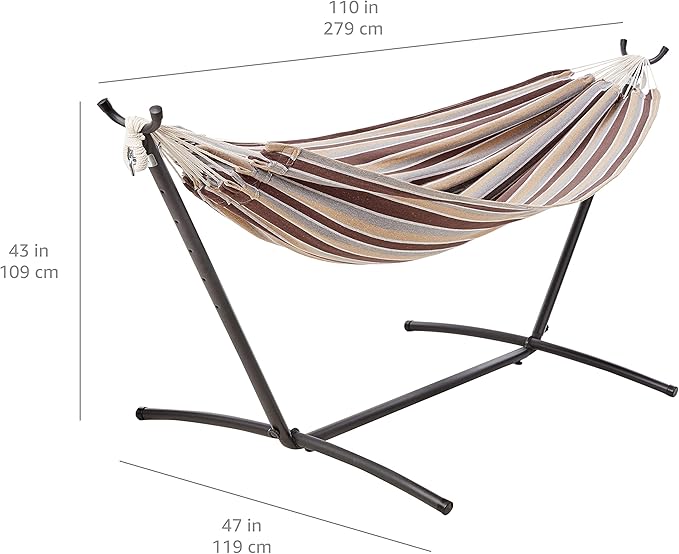 Amazon Basics Double Hammock with 9-Foot Space Saving Steel Stand and Carrying Case 2 Person 450 lb Capacity Cream Wave 110 x 47 x 43
