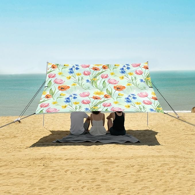 xigua Wildflowers Beach Tent Sun Shelter with Carrying Bag - Silver Coated Oxford Fabric Beach Canopy for Beach Camping Fishing - Includes Windproof Ropes Sandbags &amp Stakes