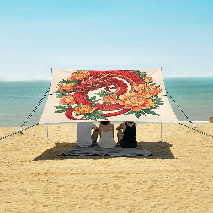 xigua Dragon Pattern Beach Tent Sun Shelter with Carrying Bag - Silver Coated Oxford Fabric Beach Canopy for Beach Camping Fishing - Includes Windproof Ropes Sandbags &amp Stakes