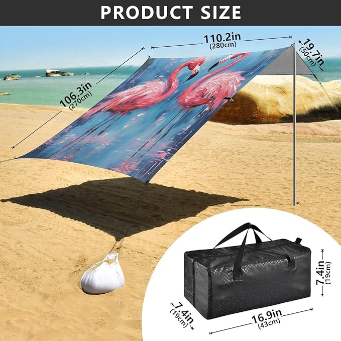 ALAZA Two Pink Flamingo Beach Tent Sun Shelter Portable Canopy Sunshade for Outdoor Camping Picnics Backyard Fun 10x9 ft
