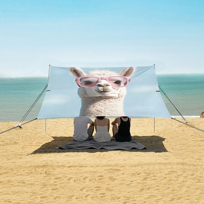 ALAZA Llama Wearring Sunglasses Beach Tent Sun Shelter UPF50+ Protection Beach Shade Canopy w/ 4 Sandbags for Outdoor Camping Fishing Backyard Fun Picnic 10x9 ft