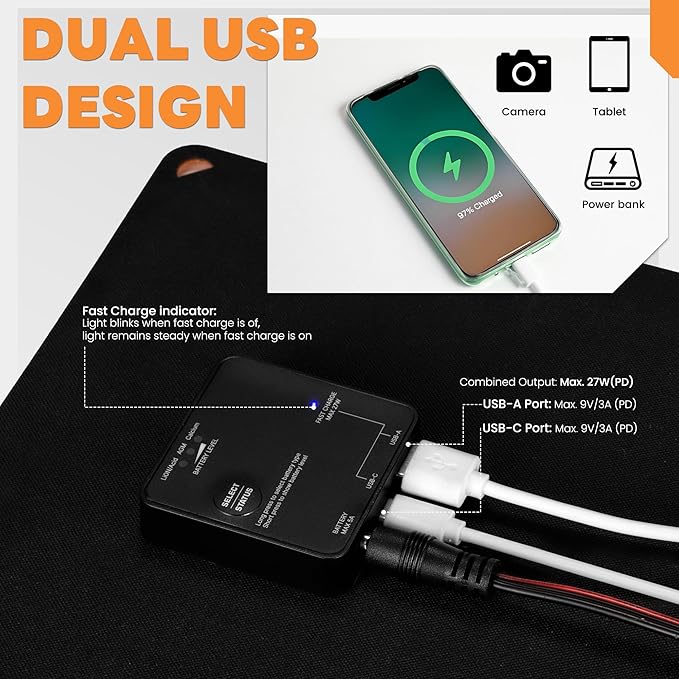 FieryRed 10W 12V Solar Panel Car Battery Charger &amp Maintainer Waterproof Trickle Charger with Built-in Controller Cig Plug Alligator Clips USB-C USB-A Outputs for Car Boat RV Tractor
