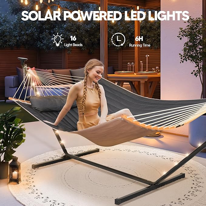 SUNCREAT Double Backyard Hammock with Solar Powered Lights for Outside 475 lbs Capacity Heavy Duty Self Standing Hammock with 12 ft Stand Dark Grey