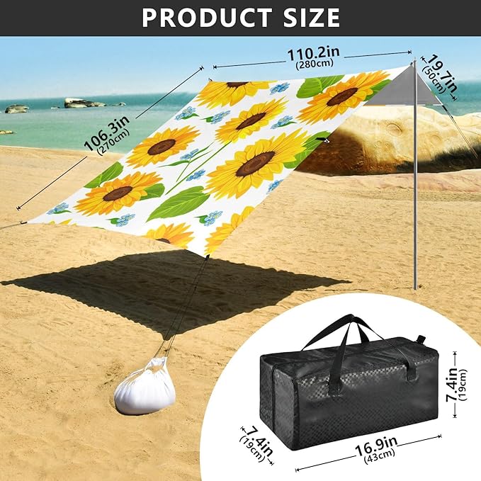 Beach Canopy with Windproof Ropes &amp Sandbags Beach Tent Sun Shade Sun Shelter for Camping Trips Fishing Backyard Fun or Picnics Sunflowers