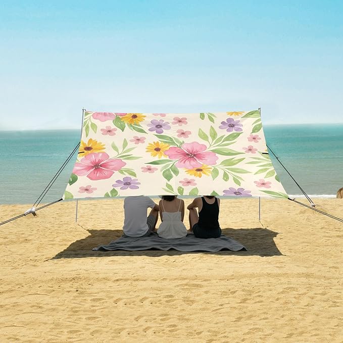 xigua Wildflowers Beach Tent Sun Shelter with Carrying Bag - Silver Coated Oxford Fabric Beach Canopy for Beach Camping Fishing - Includes Windproof Ropes Sandbags &amp Stakes