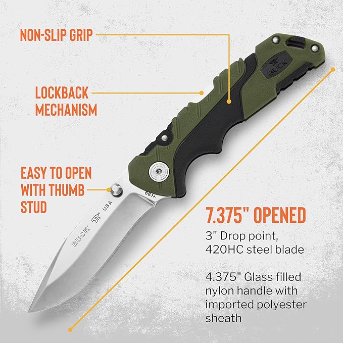 Buck Knives 661 Small Folding Pursuit Hunting Knife 3 Blade Glass Filled Nylon Handle 420HC Stainless Steel Drop Point Blade Sheath Included Knife Made in the USA Green 2.5 oz
