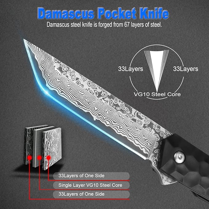 AUBEY Damascus Pocket Knife Tanto VG10 Core Damascus Steel Folding Knives with Ball Bearing Aluminum Alloy Non-Slip Handle and Glass Breaker EDC Damascus Knife for Men Women (Black)
