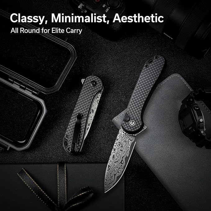 CIVIVI Elementum II Pocket Folding Knife 2.96 Damascus Blade Utility Knife with Deep Carry Pocket Clip for EDC C18062PB-DS1