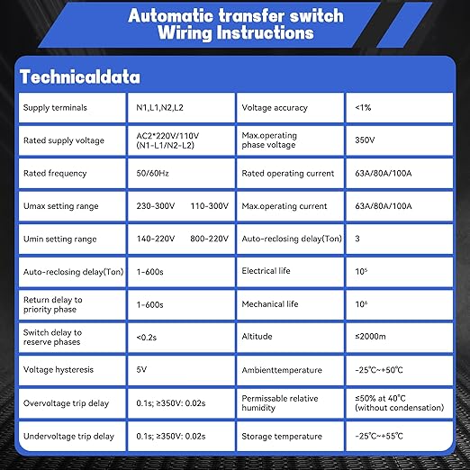 63A 220V Automatic Transfer Switch 2P Dual Power Select Interruptor Electrical Changeover Switch with LED Display Mini ATS Din Rail Mount 50/60Hz CE Certified for Home Backup Power
