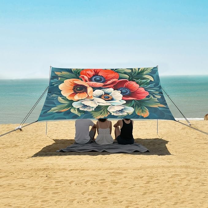 ALAZA Anemone Flower Bouquet Beach Tent Sun Shelter UPF50+ Protection Beach Shade Canopy w/ 4 Sandbags for Outdoor Camping Fishing Backyard Fun Picnic 10x9 ft