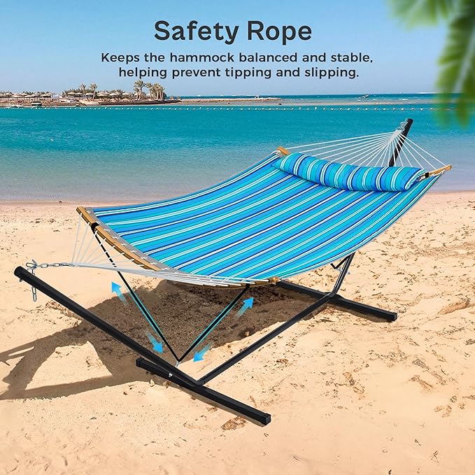SUPERJARE Hammock with Stand 2 Person Heavy Duty Hammock with Padded Cotton Detachable Pillow &amp Strong Curved-Bar &amp Portable Carrying Bag Perfect for Outdoor &amp Indoor Aqua Blue