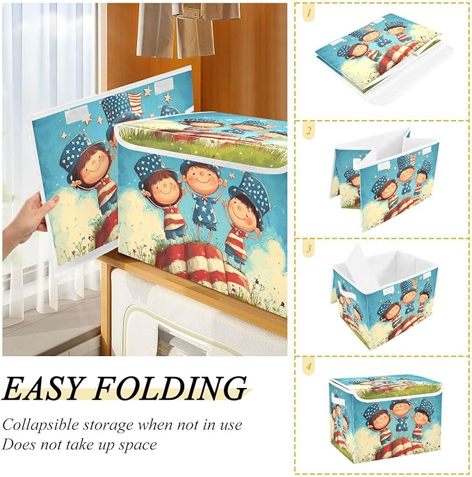 Collapsible Storage Bins with Lids Decorative Fabric Storage Cubes Closet Organizer and Storage Basket Boxes Containers for Clothes Box Chest Nursery Folding Rectangle July 4th Midgets Flag B