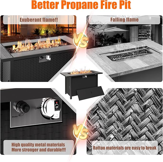 45 inch Propane Fire Pit Table 50000 BTU Outdoor Gas Fire Pit Table with Lid Waterproof Cover Rectangle Gas Firepit Table for Garden/Patio