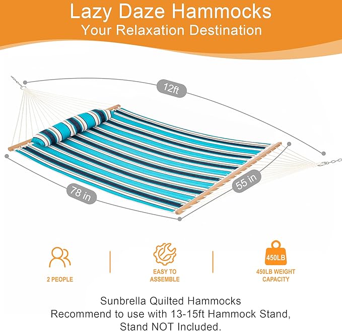 Lazy Daze Hammocks 12 FT Sunbrella Fabric Quilted Hammock Double Sunbrella Quilted Hammock with Spreader Bars &amp Pillow All Weather and Fade Resistant for Outdoor 450 lbs Capacity Token Surfside