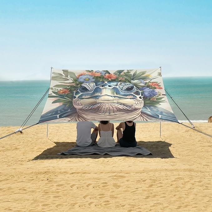 ALAZA Turtle Wreath of Flower on Head Beach Tent Sun Shelter Portable Canopy Sunshade for Outdoor Camping Picnics Backyard Fun 10x9 ft