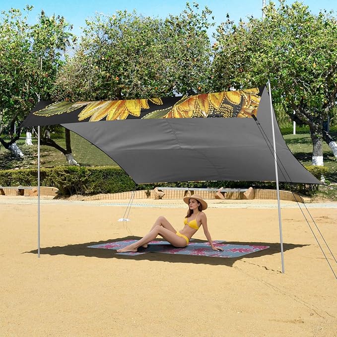 ALAZA Sunflower Embroidery Style Beach Tent Sun Shelter UPF50+ Protection Beach Shade Canopy w/ 4 Sandbags for Outdoor Camping Fishing Backyard Fun Picnic 10x9 ft