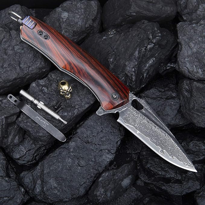 Damascus steel multifunctional EDC folding knife with self assembling pocket clip lining lock leather sheath one piece disassembly pocket knife