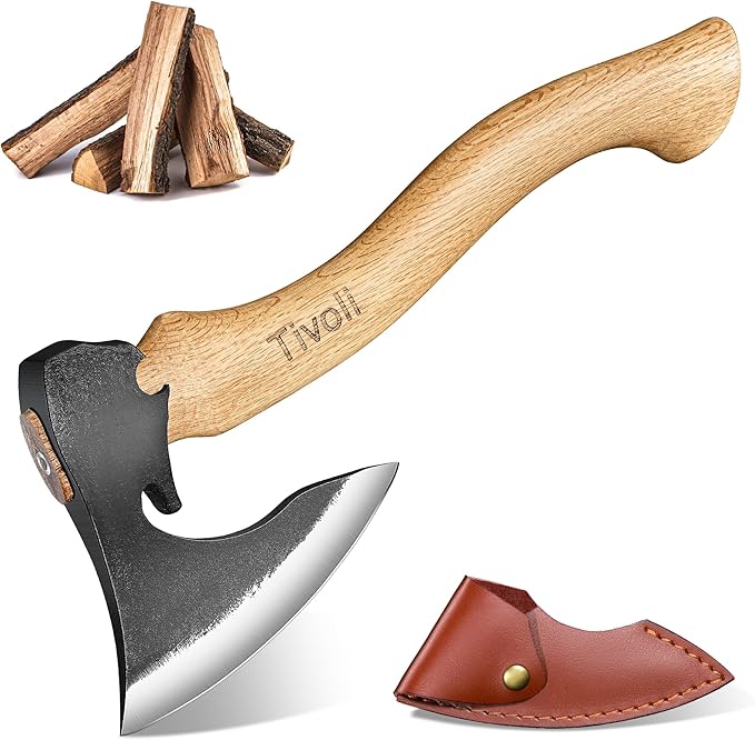 Tivoli Camping Hatchet Axe with Sheath – 16.5 High Carbon Steel Axe with Beech Wood Handle – Bushcraft Hatchet &amp Wood Splitting Axes for Gardening Carving Outdoor Adventures – Gift for Men