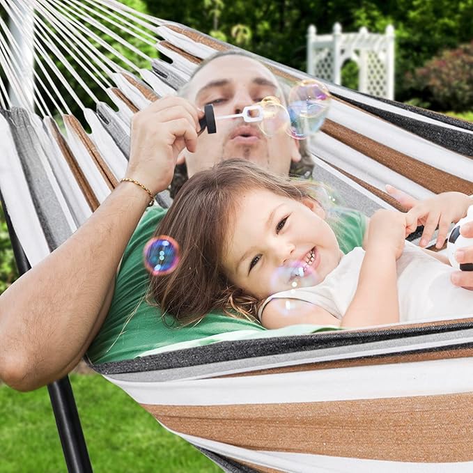 ZENY Double Hammock and Stand for 2 Person Heavy Duty Hammock Stand Brazilian-Style Cotton Hammock 440LB Capacity Desert Stripe