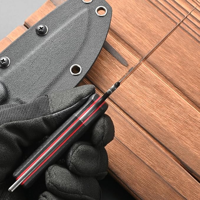 FF113 VG10 Black Stonewashed Steel Fixed Blade Knife Carbon Fiber Handle Full Tang Knife with Sheath for Outdoor Camping Hunting Working (Black)