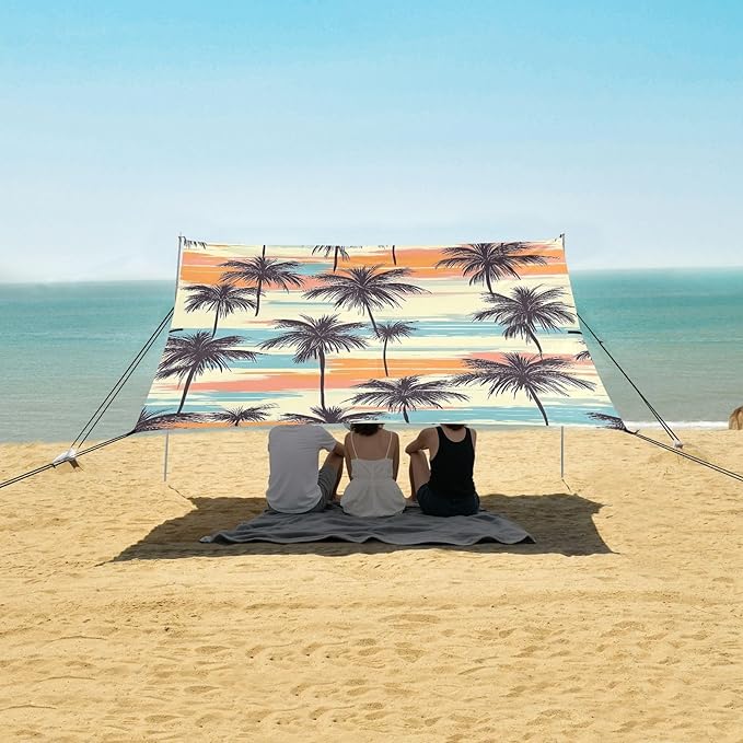 ALAZA Tropical Palm Tree Beach Tent Sun Shelter UPF50+ Protection Beach Shade Canopy w/ 4 Sandbags for Outdoor Camping Fishing Backyard Fun Picnic 10x9 ft