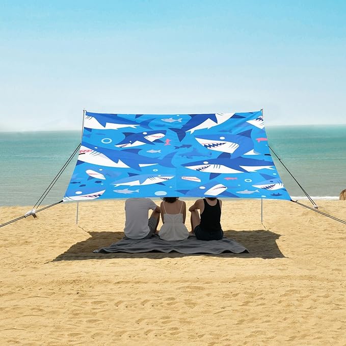 Shark Ocean Blue Beach Canopy UPF50+ Water-Resistant Sun Shelter with Sandbags &amp Sand Shovel for Camping Picnics Backyard