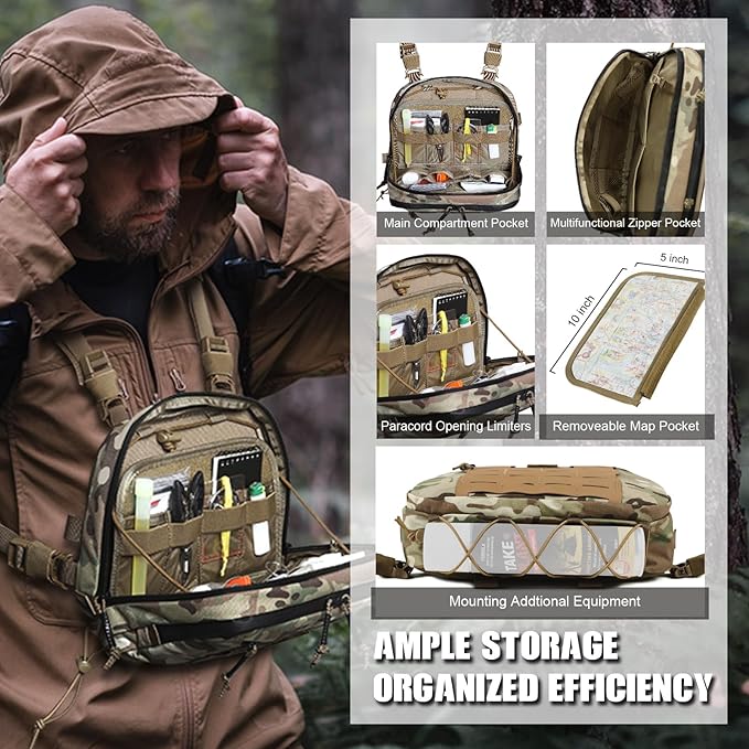 Tactical Chest Rig Bag 3L Utility Hypalon Molle Chest Rig With Map Pocket 500D Cordura Chest Bag for Hunting Workouts (Multicam)