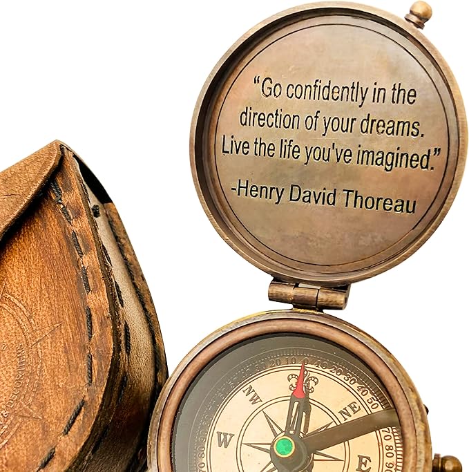 Brass Compass with “Go Confidently in the Direction of Your Dreams” Quote by Thoreau – Leather Case Gift for Graduation Baptism Student Grandson Hiking Trekking Motivation &amp Adventure