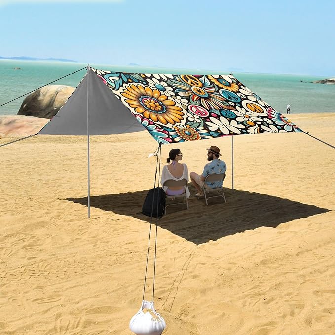 ALAZA Daisy Flower Peace Vintage Beach Tent Sun Shelter UPF50+ Protection Beach Shade Canopy w/ 4 Sandbags for Outdoor Camping Fishing Backyard Fun Picnic 10x9 ft