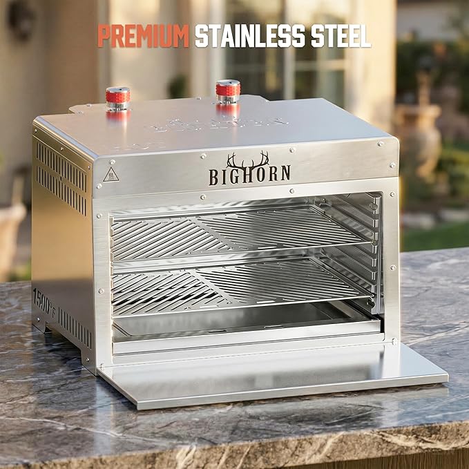 BIG HORN 2 Burner Infrared Gas Grill - 1500℉ Steak Cooker &amp Salamander Broiler Tabletop Propane Grill with Pizza Stone for Outdoor Cooking Stainless Steel Gas BBQ Grill