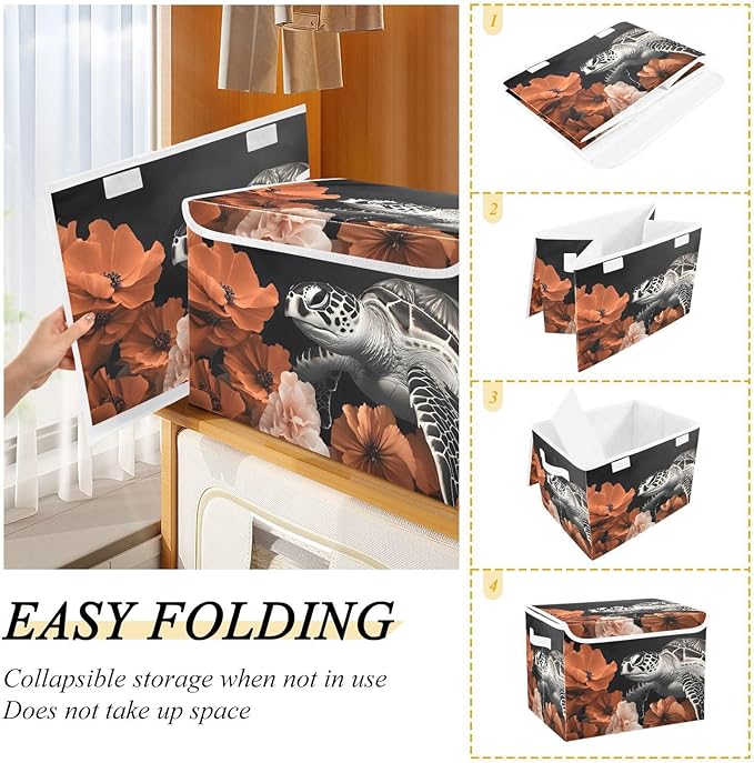 Storage Cube with Lid Sea Turtle Floral Print 16.5×12.6×11.8 IN Collapsible Large Capacity Foldable Storage Basket Bin Organizer