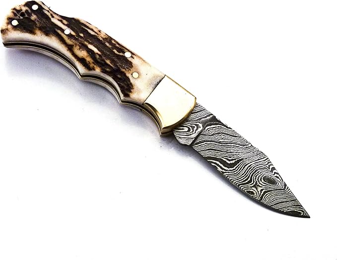 Skokie Knives Custom Hand Made Damascus Steel Hunting Pocket Folding Knife with Handle Stag Antler (S.F)