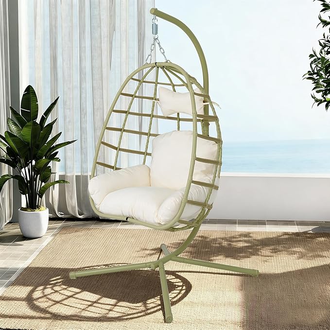 Hanging Egg Chair with Stand Outdoor Indoor Patio Rattan Swing Hammock Chairs with Washable Cushion 350lbs Capacity PE Wicker Swing Chair for Backyard Bedroom Garden (Cyan + White Cushion)