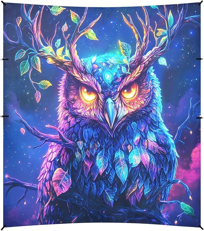 ALAZA Glowing Owl Magical Beach Tent Sun Shelter UPF50+ Protection Beach Shade Canopy w/ 4 Sandbags for Outdoor Camping Fishing Backyard Fun Picnic 10x9 ft