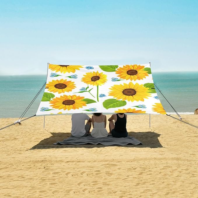 Beach Canopy with Windproof Ropes &amp Sandbags Beach Tent Sun Shade Sun Shelter for Camping Trips Fishing Backyard Fun or Picnics Sunflowers