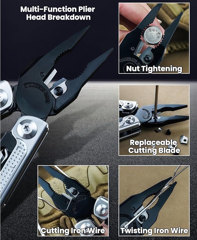 Multitool 20-in-1 Full-Size Lightweight EDC Multi-Purpose Pliers With Safety Locking Nylon Bag Tactical Gear Camping Knives &amp Tools Gift Ideas for Men (Silver)