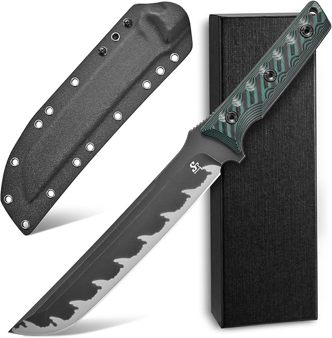 Sitivien ST25 Fixed Blade Knife AUS-10 Black Stonewashed Steel Blade Two Tone G10 Handle Full Tang EDC Tool Straight Knife for Working Camping Hunting(Green)