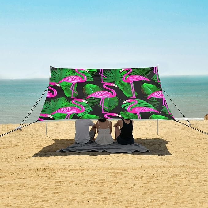 Flamingo Beach Canopy Sun Shelter with Sandbags &amp Sand Shovel &amp Windproof Ropes - Portable 110x126 Beach Shade Beach Tent for Camping Picnics