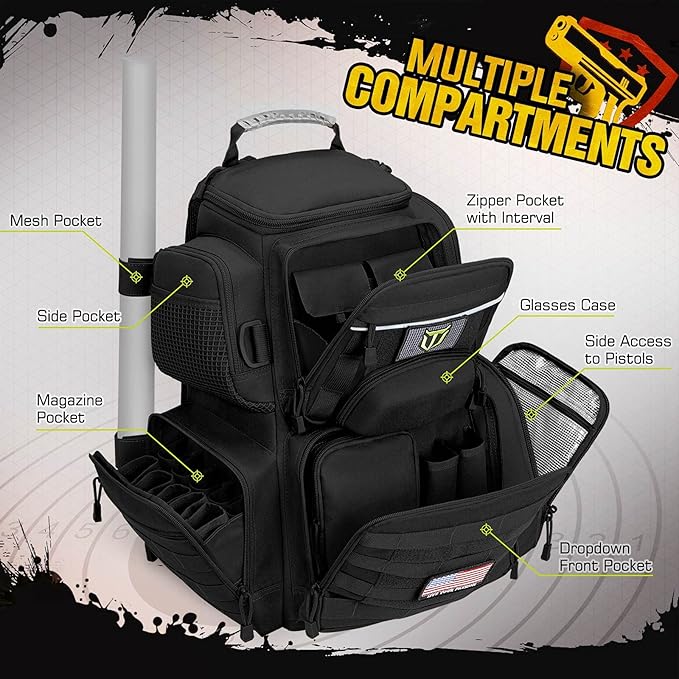 TIDEWE Tactical Range Backpack with Removable Divider Handgun Backpack with 4 Pistol Case Range Bag with Hard Glasses Case