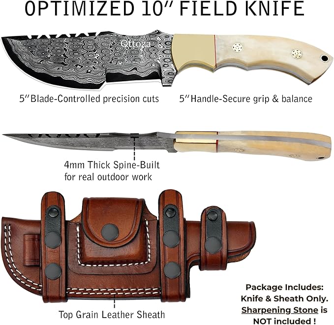 Ottoza Handmade Damascus Hunting Knife with Sheath - Fixed Blade Camping &amp Survival Knives for Men Horizontal Carry Tracker-Style Outdoor Gifts for Men 115