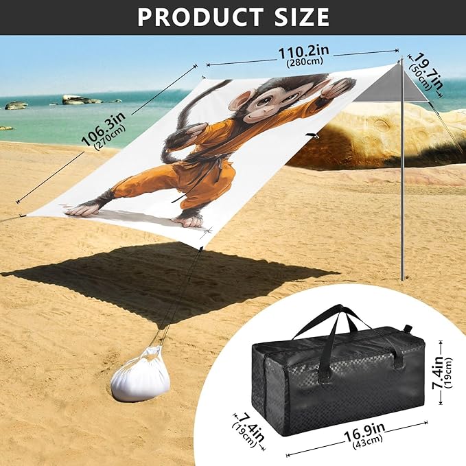 ALAZA Kongfu Monkey Little Sun Wukong Beach Tent Sun Shelter UPF50+ Protection Beach Shade Canopy w/ 4 Sandbags for Outdoor Camping Fishing Backyard Fun Picnic 10x9 ft
