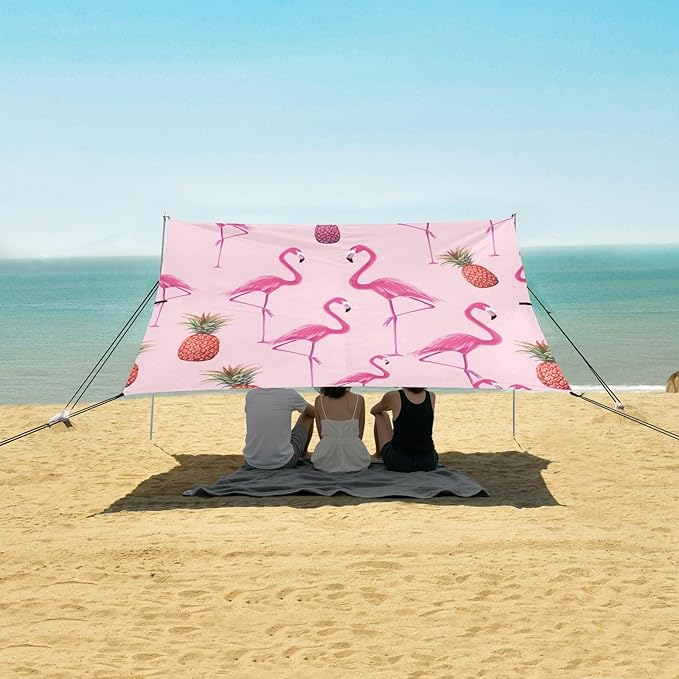 xigua Flamingos Beach Tent Sun Shelter with Carrying Bag - Silver Coated Oxford Fabric Beach Canopy for Beach Camping Fishing - Includes Windproof Ropes Sandbags &amp Stakes