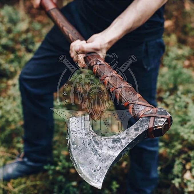SHINY CRAFTS® Handmade Viking Axe Hatchet Norse Axe- 40 Long Two-Handed Berserker Hatchet Forged Axe - Bearded Axe - with Sheath (VBA-08)