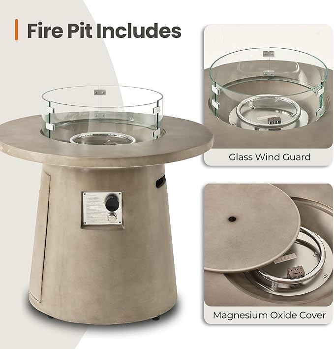 HOMPUS Outdoor Fire Pit Gray Propane Fire Table 31 inch Round Concrete Propane Fire Pit with Rain Cover 40000 BTU Gas Smokeless Firepit for Outside PatioGardenDeckBackyard